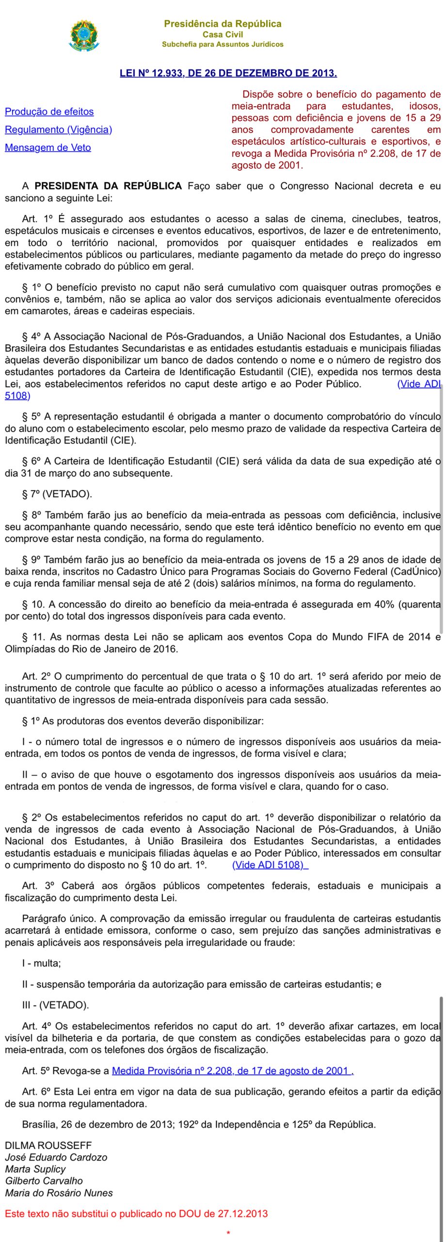 Lei da Meia-Entrada para estudantes visualizado num celular.
