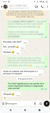 Retorno do aluno falando que gostou do material e das informações da carteirinha.